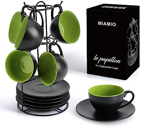 MIAMIO - 6 x 175 ml Tasse Cappuccino Tassen mit Unterteller & Ständer/Cappuccinotassen Set - Le Papillon Kollektion (Grün)