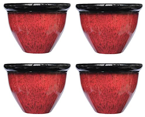 simpa Two Colour Tone Drip Glaze Effect Plastic Planter Pots - RED, Set of 4 Pots - 22cm (H) x 30.5cm Diameter