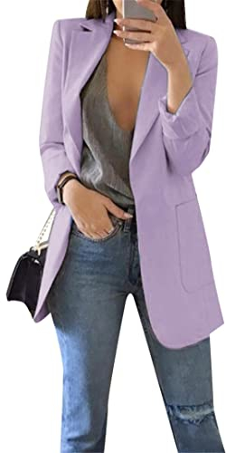 EFOFEI Damen Elegant Langarm Blazer Schlank Bequem Passen Arbeitsanzug Mit Offenem Revers Einfache Unifarbene Schicht Helles Lila 3XL