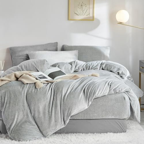 Fleece Winter Bettwäsche 200x220 Warme Kuschel Flauschig Grau Cashmere Touch Plüsch Bettwäsche 220 x 200 cm Flanell Frottee Nicki Samt Thermo Weiche Hellgrau Uni Microfaser Winterbettwäsche Set