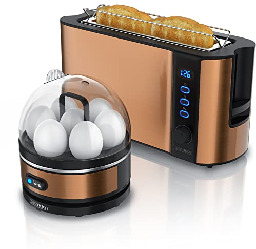 Arendo - Set Toaster FRUKOST mit Eierkocher SEVENCOOK Edelstahl Kupfer, Toaster 2 Scheiben, LED-Display, 6 Bräunungsgrade, Brötchenhalter - Eierkocher 1-7 Eier, Messbecher