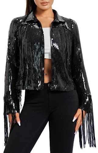 RTGSE Frauen funkelnde Pailletten Jacke glänzender Glitzer Quasten Fringe Sem Disco Jacket Paillettenrandjacke Mantel Y2K 90S Streetwear (Black, XXXL)