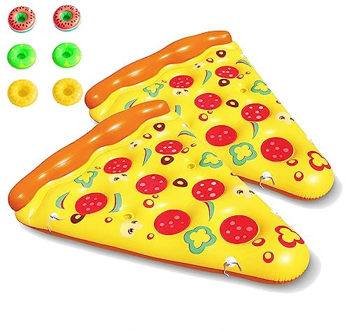 JUNZAI Luftmatratze Pool, Pizza WasserhäNgematte, Mit 3/6 GeträNkehaltern HäNgematte Pool FüR Kinder Und Erwachsene,2PCS