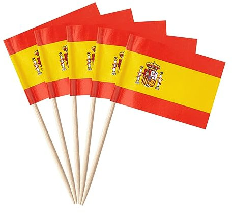 stidsds 100 banderas de palillos de dientes de la bandera de España de España, mini pequeñas decoraciones españolas para cupcakes, banderas de palo, pancarta de fiesta, cóctel, decoración de frutas