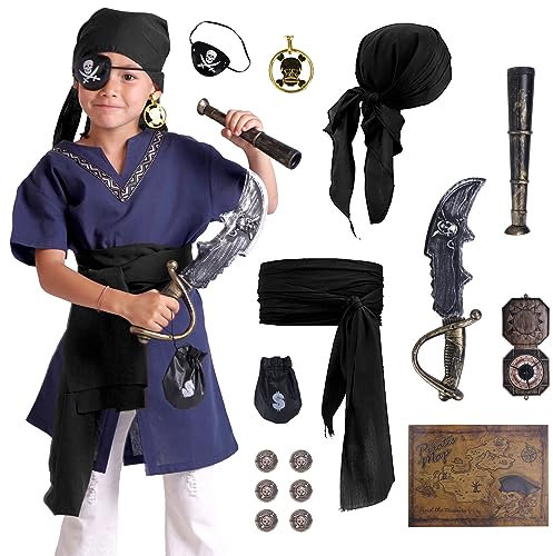 CoolChange Piraten Kinder Kostüm Set mit Kopftuch, Piratenschärpe, Augenklappe, Säbel, Fernglas, Kompass & Schatzkarte | Schwarz