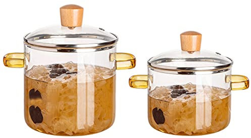 Set di 2 pentole in vetro borosilicato alto – 2,3 L + 1,6 l pentola in vetro e pentola per zuppa con manici a doppia orecchio, resistente al calore, pentola in vetro trasparente con coperchio