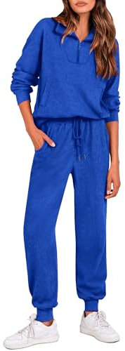 BTFBM 2-teiliges Damen-Trainingsanzug, Herbst-Outfits 2024, langärmelig, halber Reißverschluss, Sweatpants, Lounge-Set, Sweatsuits, Solides Königsblau, Small