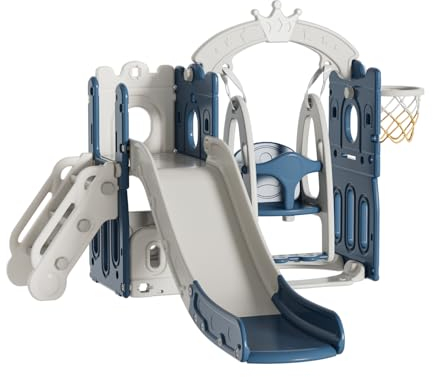Toboggan et Balançoire pour Bébé Toboggan Autoportant Escaladeur Balançoire pour Enfant Aire de Jeux Toboggan Long Intérieur Extérieur Centre d'activités équipement de Jeux (Tower Gray Blue)