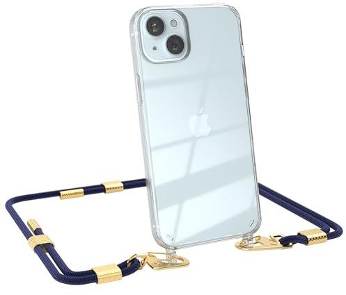 EAZY CASE - Handykette mit Karabiner kompatibel mit iPhone 15 Plus - Hülle Silikon transparente Handyhülle für iPhone 15 Plus Kette zum Umhängen Schutzhülle in Nacht Blau - Clips Gold