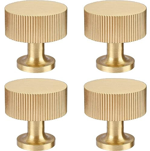 RZDEAL 4pcs Solid Brass Cabinet Knobs Pulls - Modern Gold Drawer Handles (1-1/8x1-1/8/28mmx28mm), Brushed Brass Finish