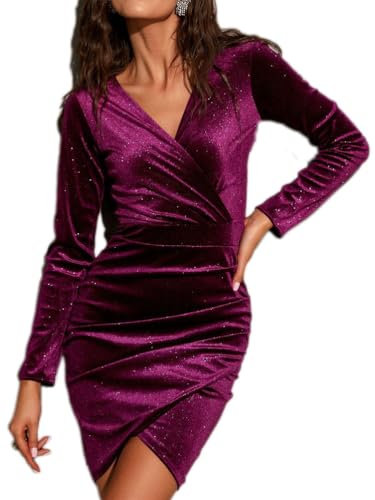 Onsoyours Donna Vestito Invernale Velluto Vestito Elegante Sexy a Manica Lunga con Scollo a V Abiti da Sera Abito da Cocktail Abito a Vita Alta in Paillettes A Fucsia L
