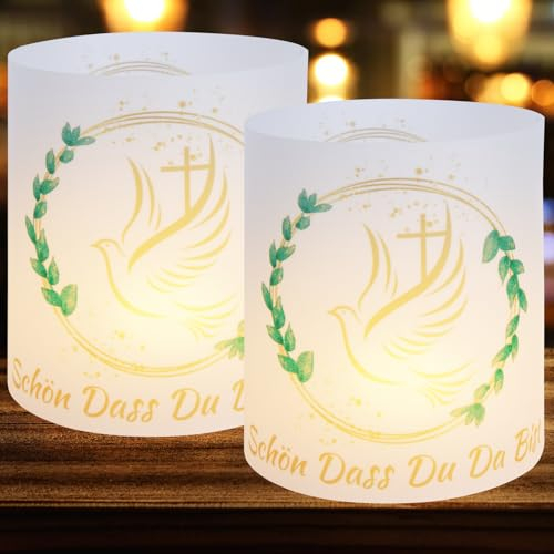 Aitsite 12Pcs Kommunion Windlicht Tischdeko, Deko für Junge Mädchen, Schön Dass Du Da Bist - Geeignet für Teelichter oder Kerzen