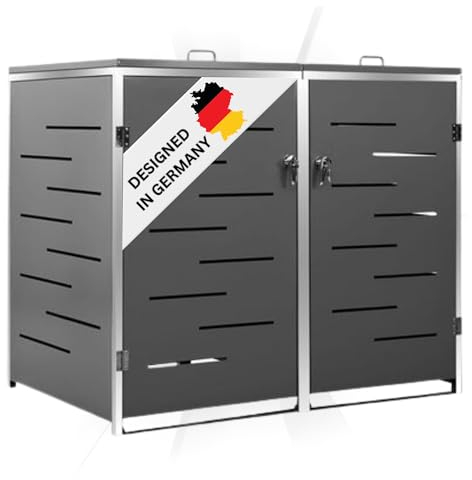 DELUKE 2er Mülltonnenbox JAGU Edelstahl | Anthrazit | 115,5x138x77,5cm | Mülltonnenverkleidung für 2 Tonnen 240L Müllbox aus Metall Mülltonnenschutz Mülltonnendach