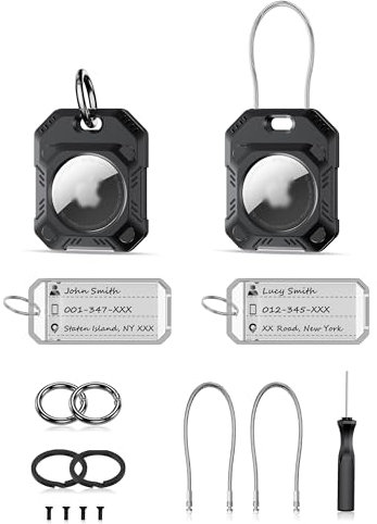 PROfezzion 2-Pack Secure Air Tag Holder 2-in-1 Hard Shell Air Tag Case with Key Rings, Key Tag, Metal Wire Cable, Allen Wrench and Spare Screws for Keychain, Dog Collar, Luggage Bag, Backpack & More
