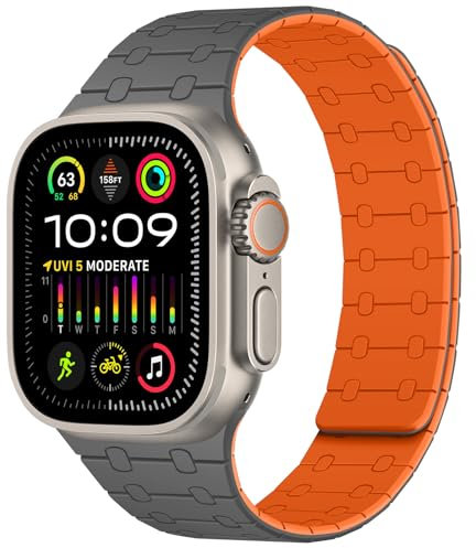 Amizee Kompatibel mit Apple Watch Armband 49mm 46mm 45mm 44mm 42mm 41mm 40mm 38mm, Silikon Magnetisch Sport Loop Armband für iWatch Ultra 2/Ultra Serie 10 9 8 7 SE 6 5 4, (49/46/45/44/42 Grau/Orange)