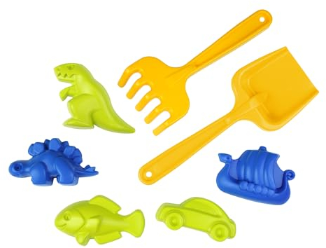 Lena Sandset, 7-teilig mit Schaufel und Rechen, T-Rex, Stegosaurus, Fisch, Auto und Wikingerschiff, geeignet ab 12 Monate, verpackt im Netz