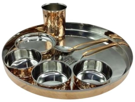 Service traditionnel indien en cuivre et acier thali | Service de table | Assiette thali, bols, verre, fourchette et cuillère