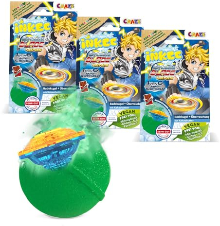 INKEE Surprise Blade Kampfkreisel - 3x Badebomben Kinder mit Überraschung - 3 von 6 BLADE mini Kreiseln - Badekugeln 3x 100g mit Schokolade-Duft und Kakaobutter, Grün oder Rot