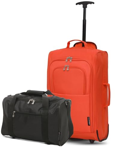 5 Cities Set of 2 Hand Luggage Set Including Ryanair Cabin Approved 21/55cm Trolley Bag & 40x20x25 Ryanair Holdall Under Seat Flight Bag (Orange + Black)