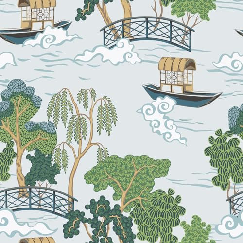 CRE8TIVE Chinoiserie Wallpaper Blue Self Adhesive Vintage Landscape Contact Paper River Bridge Boat Tree Contact Paper Removable 30.5cm x 300cm Thick Wall Paper for Bedroom Nursery Cabinet