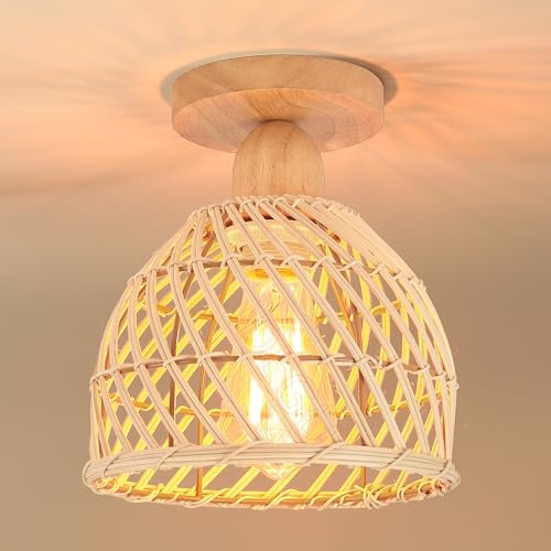 iDEGU Vintage Deckenleuchte, 20CM Modern Deckenlampe Käfig Design Lampenschirm aus Bambus und Holz Industrielle Deckenleuchte E27 Kronleuchter für Flur Schlafzimmer Küche Wohnzimmer