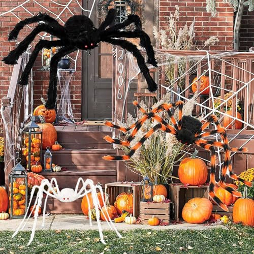Halloween Deko, 3 Stück Halloween Deko Outdoor Spinnen, 2M Riesen Spinne Schwarz + 1.25M Groß Spinne Weiß + 0.9M Spinne Orange, Halloween Spinne für Außen Häuser Garten Spukhaus