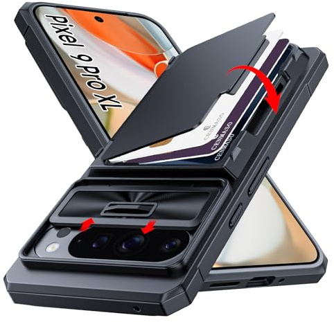 CENMASO for Google Pixel 9 Pro XL Case with Card Holder (4 Cards) & Sliding Camera Cover & Kickstand【RFID Blocking】TPU Edge Full-Body Shockproof Wallet Case for Pixel 9 Pro XL-Black
