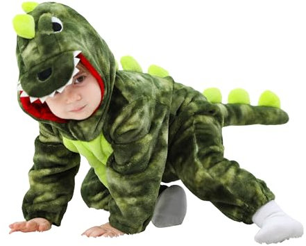 LOLANTA Costume da Dinosauro per Bambino Unisex, Costume da Animale con Cappuccio per Bambino, Tuta Sindacale in Flanella, Tinta Verde, 2-3 anni