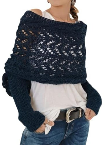 Hislaves Multifunktionaler Schal mit Ärmeln für Damen, Gestrickter Schal Sweater Wrap mit Ärmeln, Boho Pashmina Schal Umhang (Marineblau)