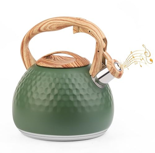 Sampoes Wasserkessel, 3L Moderne Wasserkessel Induktion, Pfeifkessel Edelstahl, Teekessel für alle Kochplatten, Flötenkessel mit Holzmasergriff, Wasserkocher für Tee Kaffee (Grün)