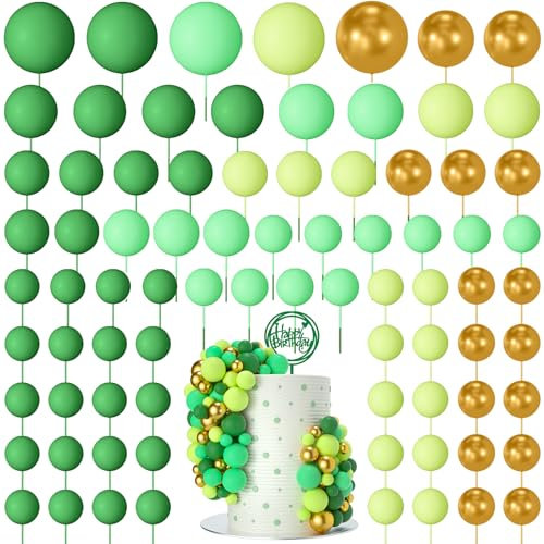 NACHLYNN 80 Pcs Cake Balls Decorations Mini Balloon Cake Topper Balls Foam Cupcake Toppers Balls for Cake Decorating Birthday Parties Weddings Anniversary (Green Gold Series)