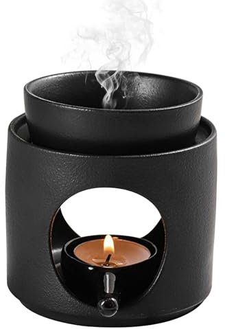 Lampada aromatica in ceramica nera con supporto per lumini, oli essenziali e diffusore di cera, ciotola rimovibile per decorazione domestica, altezza 11 cm x diametro 9,5 cm, perfetta per