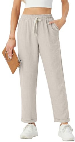PrinStory Hose Damen Lässig Freizeithose Komfortabel Freizeithose Und Taschen Hose Stilvoll Strandhose Mit Taschen Einkaufen Hose Damen (Helles Khaki, L)