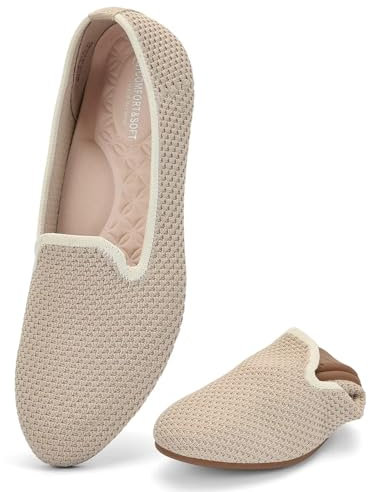 Puxowe Damen Ballerina Slip On Strick Kleid Flache Schuhe Pumps Bequem Ballerinas für Damen Runde Zehe 37 EU Camel