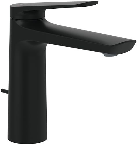 Villeroy & Boch Oasis Waschtischarmatur mit Zugstange - Wasserhahn Bad mit Keramikkartusche - Waschbeckenarmatur wassersparend und pflegeleicht - Auslaufhöhe 114mm - Badarmatur rund in Matt Black