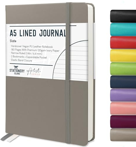 STATIONERY ISLAND Notizbuch A5 Liniert, Journal Hardcover mit 120 g/m² Dickem Papier, 180 Seiten Tagebuch, Notebook a5 für Mädchen, Reisetagebuch, Planen, Lernen, Grau