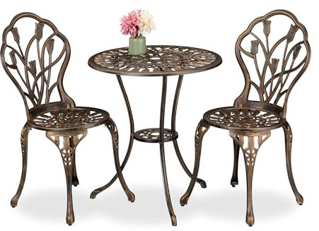 Relaxdays Set da Bistrot da 3, Tavolino da Giardino, 2 Sedie da Balcone, in Alluminio Stile Ferro Battuto, Nero Bronzo