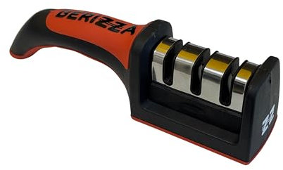 Afilador Profesional Berizza Para Cuchillos Apto para todos los tamaños de cuchillos,3 etapas de afilado y refinado, Mango ergonomico y base antideslizante (rojo)