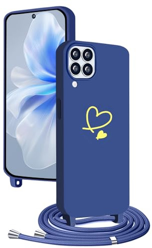 YANJIEER Coque Collier pour Samsung Galaxy A12 avec Cordon, Étui Housse Souple Silicone avec Motif Coeur, Lanyard Réglable pour Femme Fille, Fine Antichoc Bandoulière Lanière Case Bleu