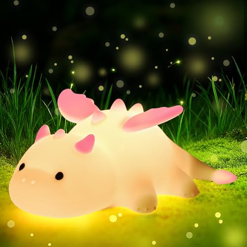 Gerbala Milch-Drache Nachtlicht Kinder, Silikon Führte Nachtlicht, 7 Farben Einstellbar, Touch Tragbar 1200mAh Akku Lampe&Timing Kinder Nachtlichts, Zimmer Deko Geschenk für Baby Mädchen Junge (Rose)