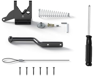 Selbstverriegelndes Türschloss, Schwerkraft-Verriegelung, Eisen, federbelastet, mit verstellbarer Türverriegelung, Schrauben, Schraubendreher, Kabelzug für Metall- und Holzzäune, Schwarz
