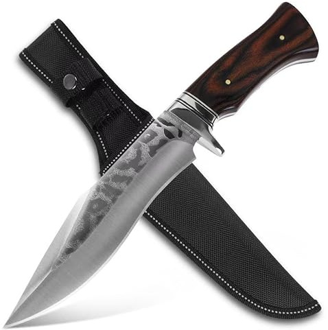 GER-SABER Coltello da Caccia Full Tang 32cm – Lama Straight-Back Damasco con Finitura Martello, Impugnatura Multistrato Legno, Guarda Classica, Robusto per Sopravvivenza e Bushcraft
