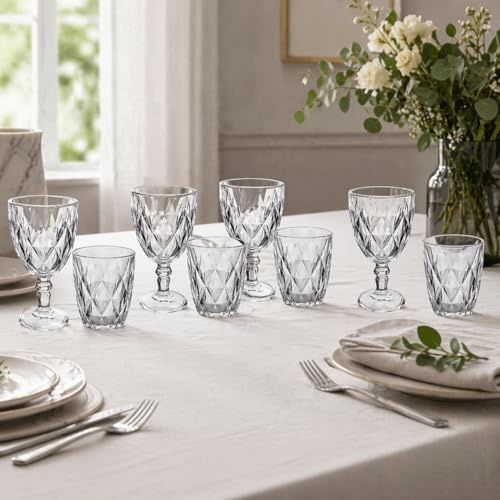 Set Bicchieri Acqua e Calici Vino 12 Pezzi in Vetro Diamond 270ml 340ml Trasparente o Multicolor Set Tavola Idea Regalo Casa Cucina Allestimento per Feste Aperitivi Giardino Eventi Cene in Famiglia