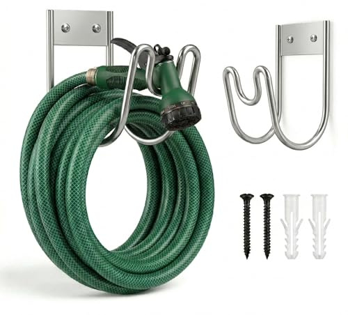 TIGREZ Garden Hose Holder Wall Mounted Hook with Fittings (Silver) | Hosepipe Holder with Nozzle Groove, Silver Stainless Steel Finish, Hose Hooks for Outside, Includes Screws & Wall Anchors