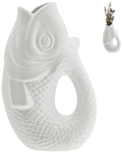 Vase Fisch 'Blubb' | 13,5x21x9cm Dolomit blau | Blumen Dekovase Fischform Fischmaul Griff | Gefäß für Blumen und Sträucher mit Gluckgeräuschen (1 x Vase weiß 21cm)