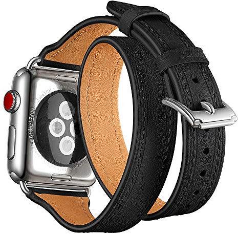 AISPORTS Bracelet en Cuir Double Tour pour Apple Watch 42/44 mm - Compatible avec iWatch Series 4/3/2/1 - Fin et Élégant pour Femme et Homme - Noir