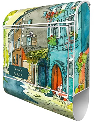 banjado Design Briefkasten mit Zeitungsfach 38,5 x 46,5 x 13cm / Postkasten mit Zeitungsrolle/Stahl Briefkasten bunt/Wandbriefkasten A4 Einwurf, Montagematerial, 2 Schlüssel Historischer Stadtkern