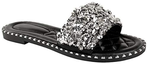 Fashion Thirsty Womens Ladies Diamante Sandals Glitter Sliders Mules Summer Sparkly Shoes Size by Heelberry Black Faux Leather