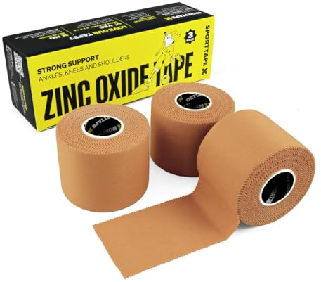 3 Rollen SPORTTAPE Premium Zinkoxid-Bräunungsband - 5,0 cm x 10 m - Athletisches Umreifungsband mit höchster Zugfestigkeit, Blasenschutzband, medizinisches Knöchelband
