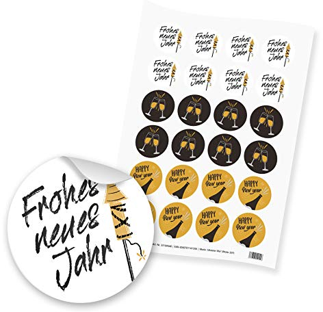 itenga 24x Sticker Aufkleber für Silvester Neujahr Grüsse rund 4cm auf DIN A4 Bogen Mixbogen 3 Motive